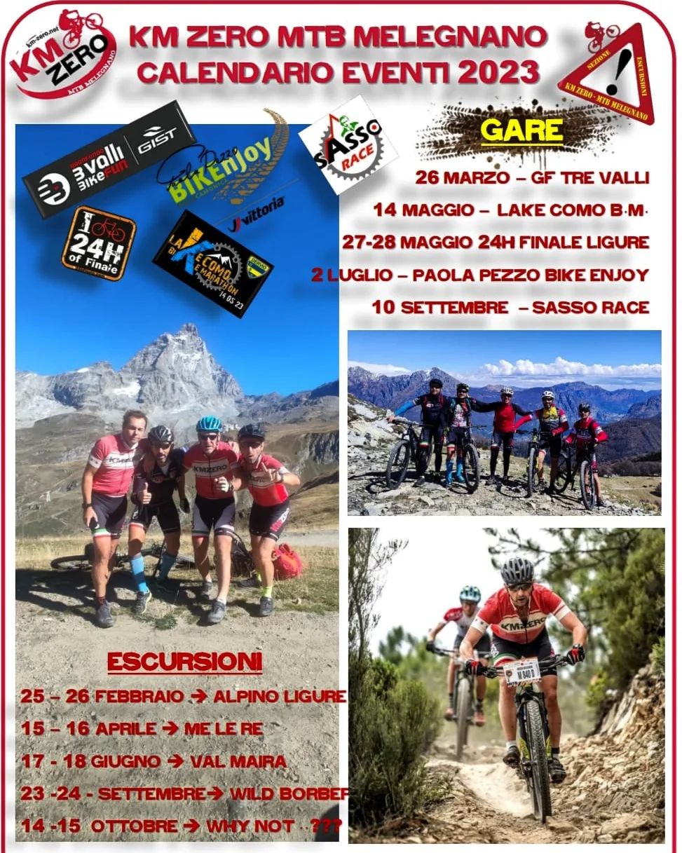 Attenzione!... 
Siamo già proiettati con le nostre #bike nel 2023!
Questo è il #calendario attività KmZero ricco di eventi gare ed escursioni..
Unisciti a noi!

Più info @ www.km-zero.net

#melegnano #mtb #ridemtb #mtbrace #trail #montagna #mountain